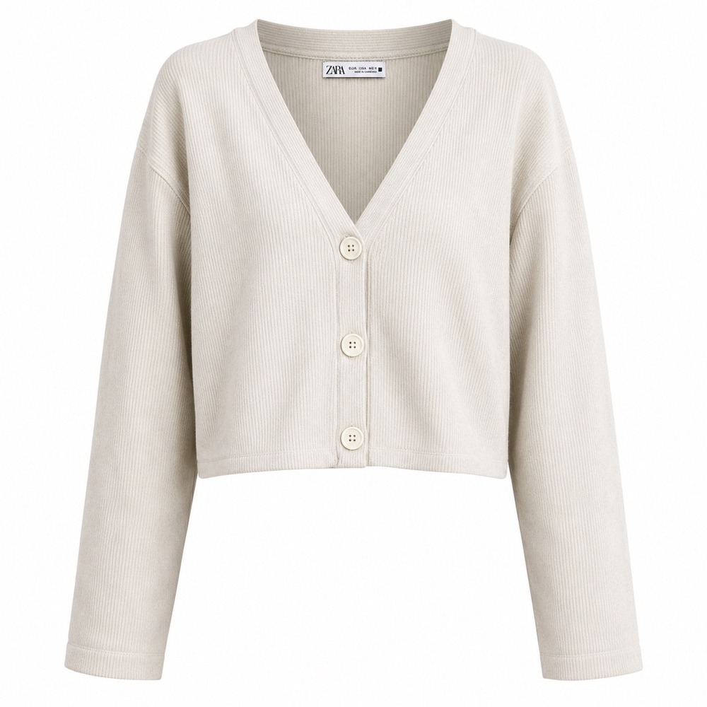 Zara Cardigan L Cotton Blend Cream Minimalist Cropped Ribbed Knit Sweater